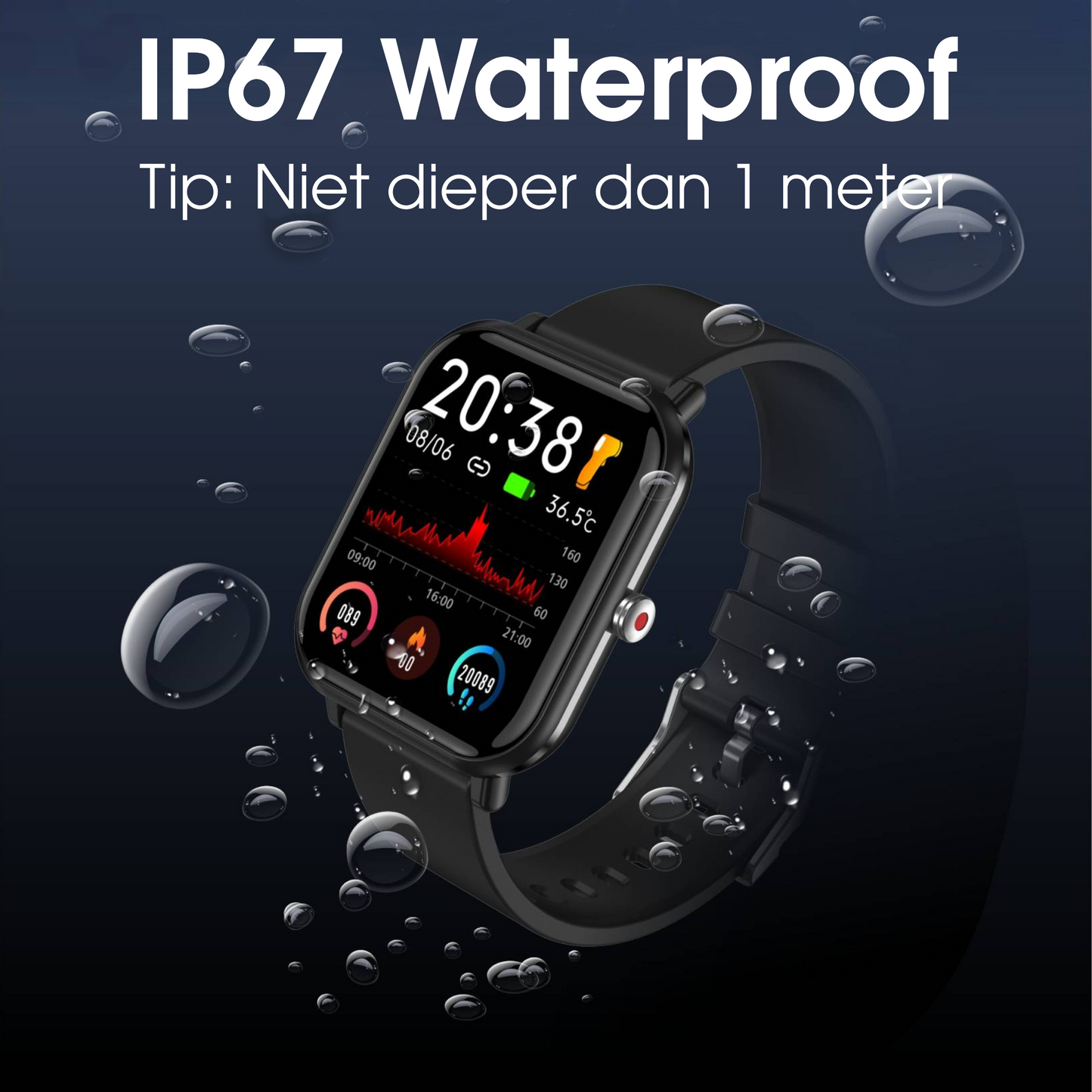 Heren smartwatch zwart - stappenteller - vierkant model