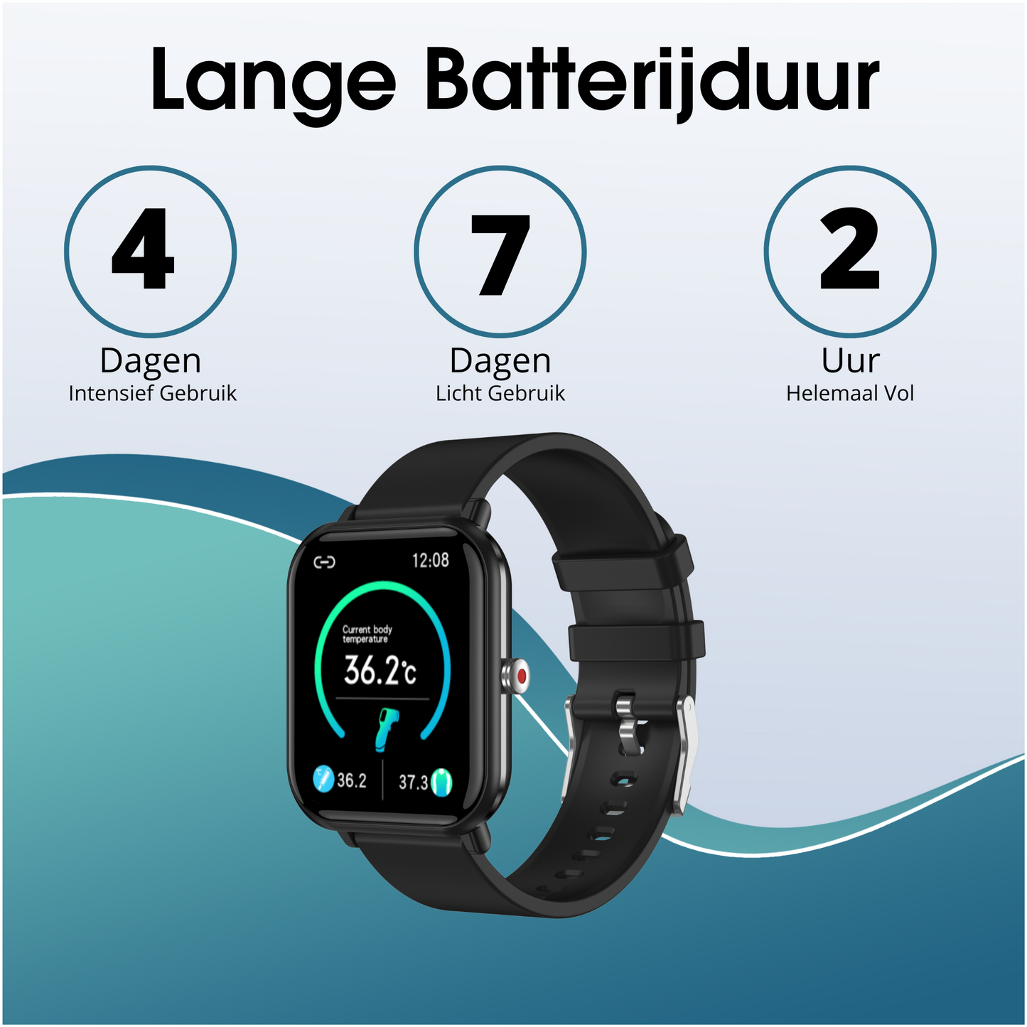 Heren smartwatch zwart - stappenteller - vierkant model