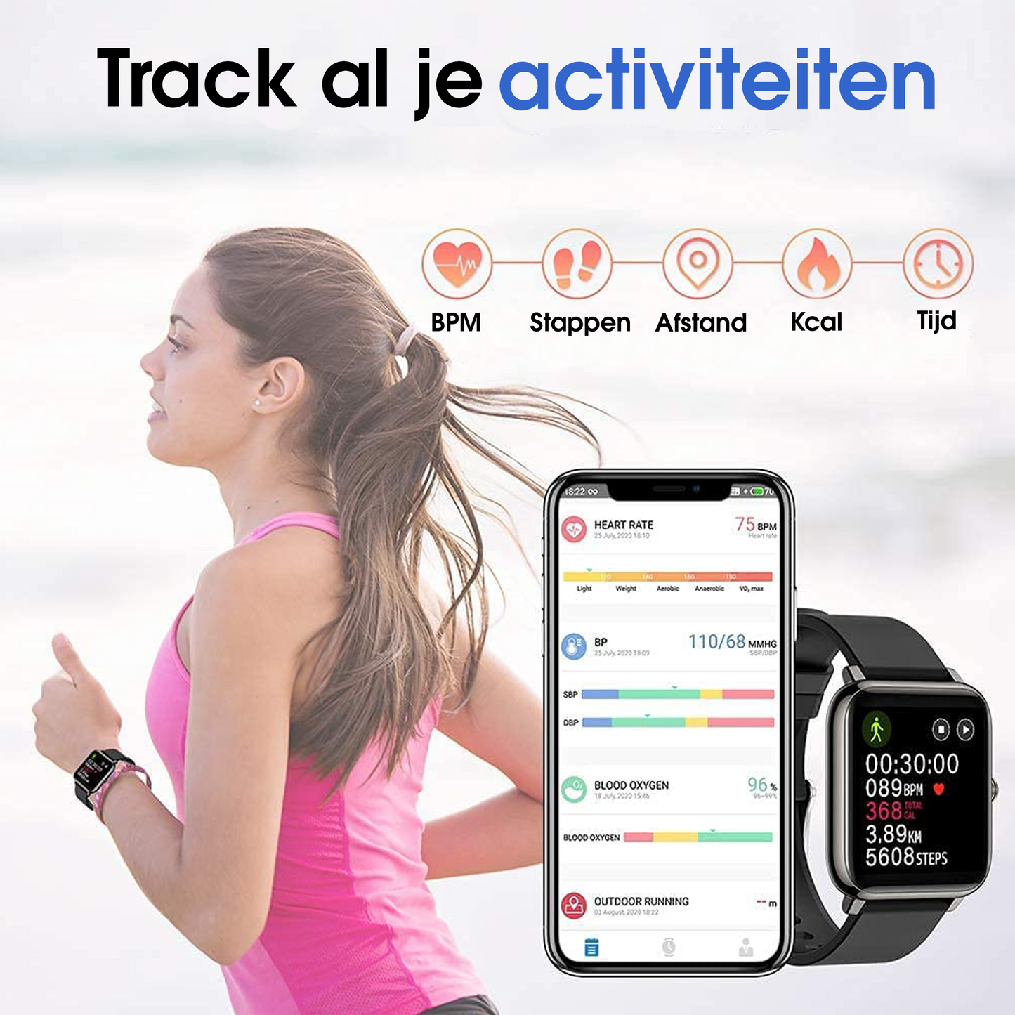 Heren smartwatch zwart - stappenteller - vierkant model