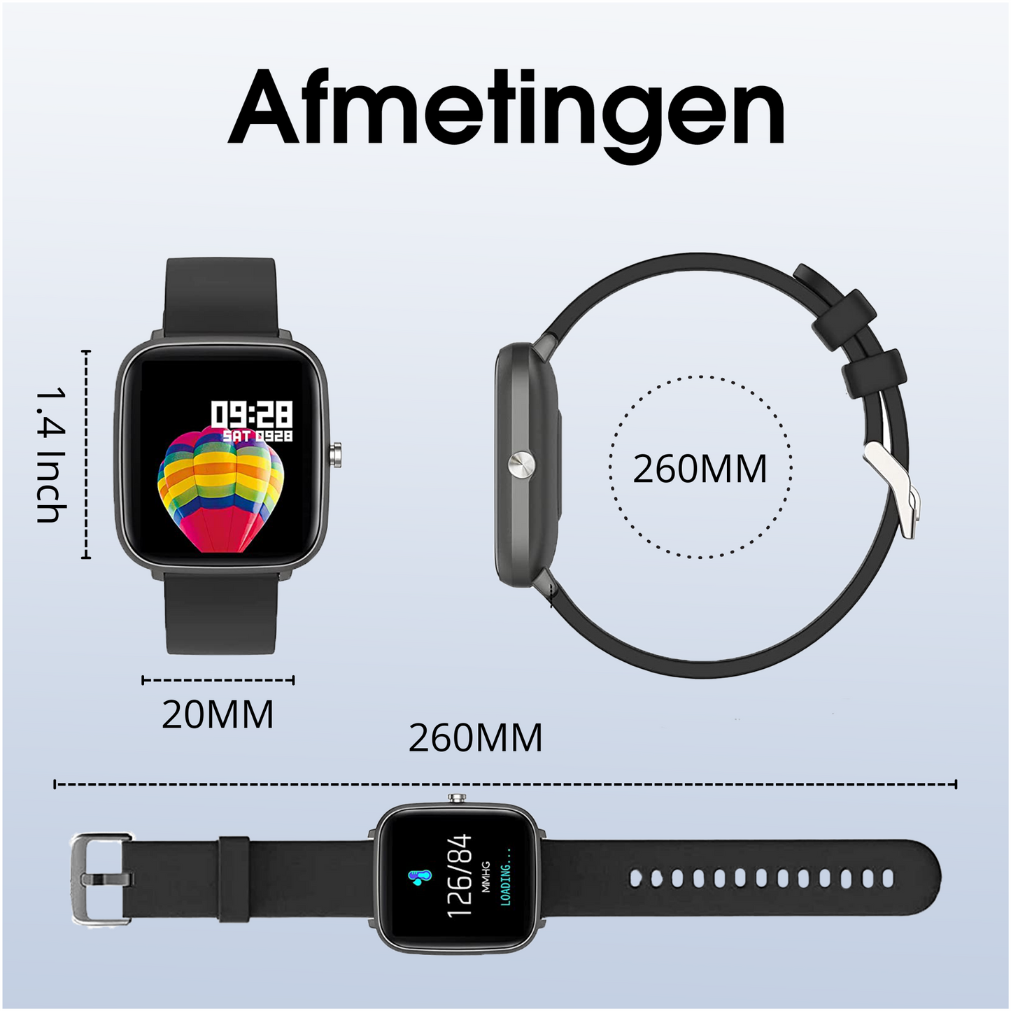 Heren smartwatch zwart - stappenteller - vierkant model